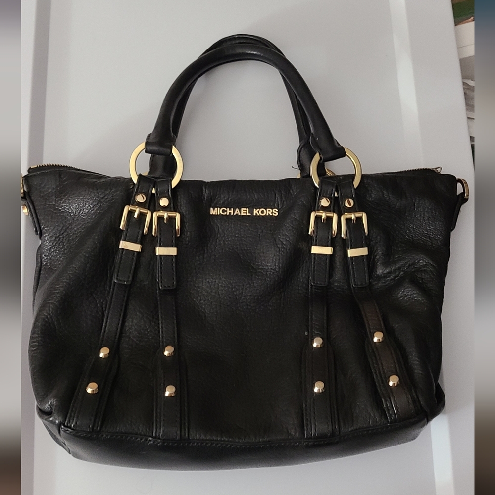 Michael Kors Black Leather Pebbled Purse Gold Hardware Studded Buckles Euc Clean